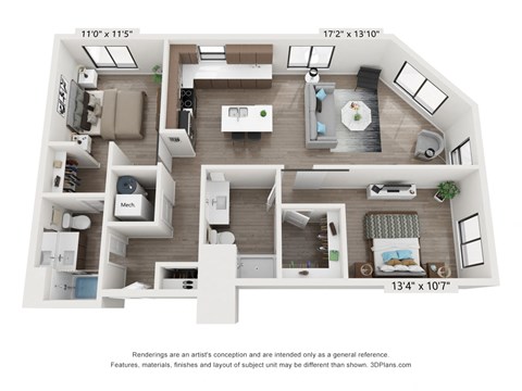 Floor plan for 2 beds, 2 baths, 1060 sqft